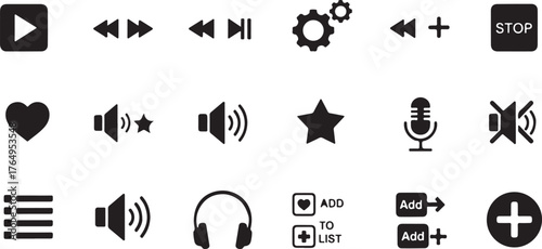 Collection of black and white icons for media player and audio controls
