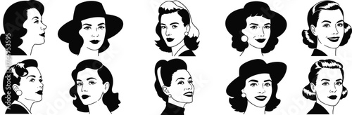 Set of ten black-and-white vintage women face illustrations featuring diverse hairstyles, accessories, and expressive graphic portrait styles