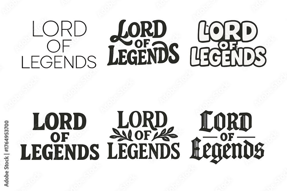 Obraz premium Legendary Lettering Styles. Lord of Legends. Set lettering. harmonious lettering variations of the same emblematic concept (Modern minimal monoline lettering,