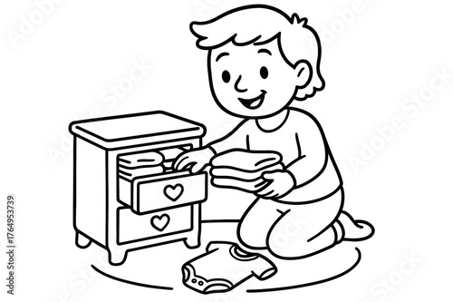 Baby Dresser Coloring Page. Organizing baby dresser children?s coloring book illustration, outlined drawing, a cheerful parent placing folded baby clothes into