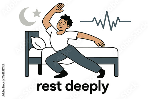 Restful Sleep Illustration. Exercise ? Better Sleep. A figure stretches into a bed shape; floating moon and star icons fade into a heartbeat line. Caption