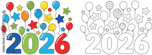 Happy New Year 2026 Celebration with Colorful Balloons and Stars - Festive Holiday Design Elements, Isolated Outline and Colored Versions for Kids' Activities