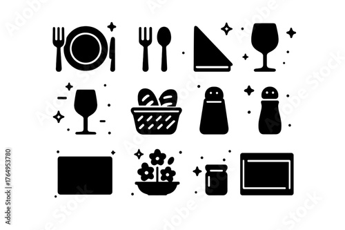 Dinner Setup Icons. Dinner Setup. Solid icons set of Dinner Setup: plate, fork, knife, spoon, napkin, wine glass, water glass, bread basket, salt shaker,