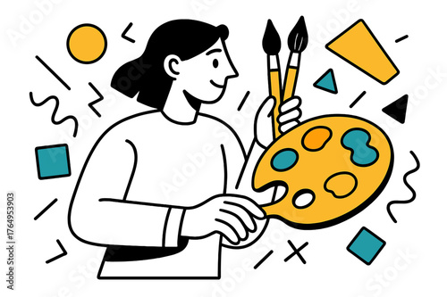 Creative Palette Float. Palette with Paintbrushes. Artist holding a palette with vibrant paint dabs and floating abstract geometric shapes, creative and