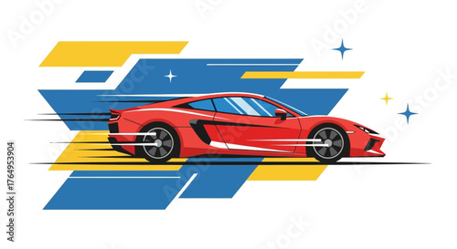 High-speed red sportscar vector illustration, showcasing powerful automotive design, rapid movement, and a thrilling sense of motion with abstract graphics