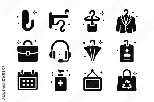 Office Hook Icons. Office coat and bag hooks. Solid icons set of Office coat and bag hooks: cubicle hook, desk side hook, conference badge lanyard, blazer,
