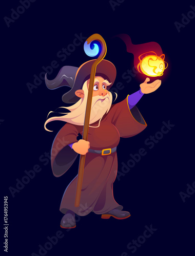 Cartoon wizard character with a long beard and pointy hat. Vector magician holds a wooden staff with a glowing blue orb and conjures a fiery magic ball. Mystical sorcerer warlock with witchcraft power