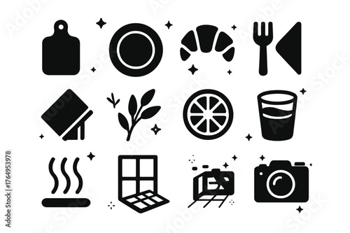 Window Food Icons. Window Light on Food. Solid icons set of Window Light on Food: cutting board, plate, pastry, fork, linen napkin, herb sprig, citrus slice,