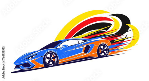 A vibrant illustration of a racing car speeding with a colorful motion blur effect
