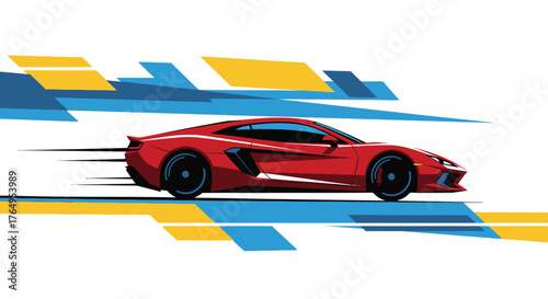 Dynamic illustration of a sleek red sports car moving at high speed against an abstract, geometric background of blue and yellow