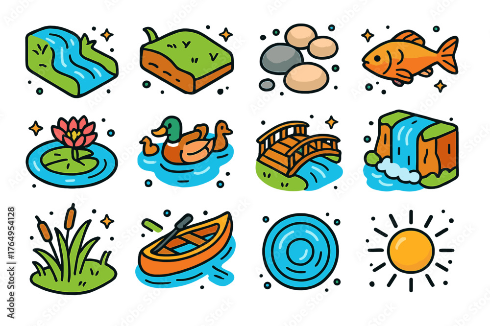 Naklejka premium Colorful River Icons. River scenery. Colorful isometric vector icons set of river scenery: river, riverbank, pebbles, fish, water lilies, ducks, wooden bridge,