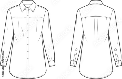 Technical flat sketch of men's button-up shirt design, pointed collar, front placket, back yoke, long sleeves, fashion illustration, garment construction, vector template