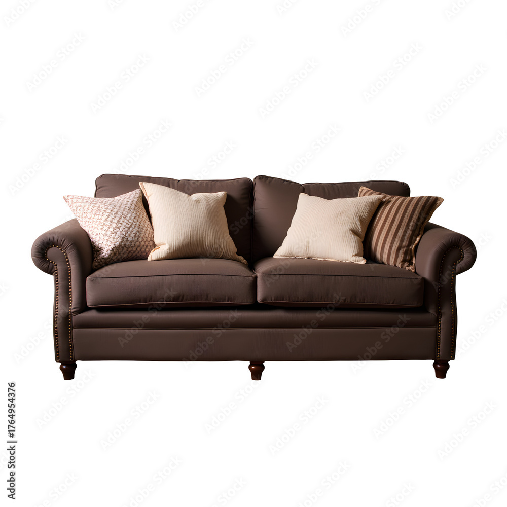 Fototapeta premium Elegant Brown Sofa with Decorative Cushions with transparent background