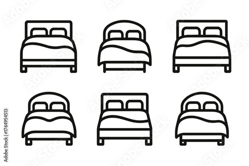 Bedroom Logo Grid. The Calm of a Bedroom with Soft Sheets and Comforters. Set Logo of Bedside Essentials: Minimal outline, Negative space, Flat