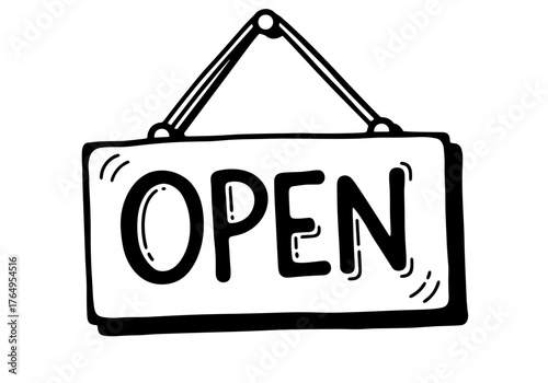 Hand-drawn open sign hanging on a door for business hours  