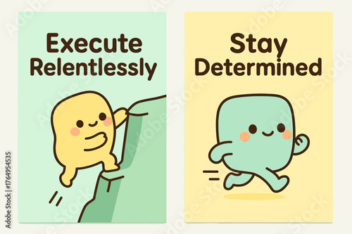 Kawaii Determination Banners. Execute relentlessly. Two vertical A6 banners with safe margins, centered composition, no elements touching edges, kawaii, pastel