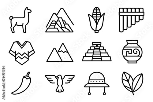 Latin american icon set featuring cultural symbols in minimalist line art style