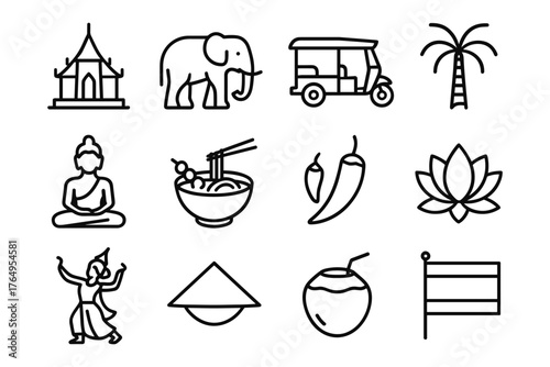 Thailand icons: culture, cuisine, and landmarks in minimalist line art