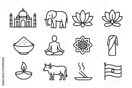 Linear icons of indian culture: taj mahal, elephant, lotus, meditation, and more