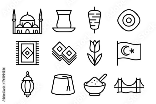 Turkish culture icons: mosque, tea, kebab, evil eye, and more in linear style