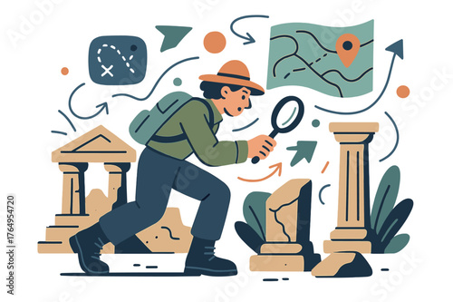 Archaeologist's Temple Discovery. Ancient temples. Archaeologist examining temple ruins with abstract floating maps and lines; highlights