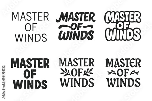 Diverse Lettering Styles. Master of Winds. Set lettering. harmonious lettering variations of the same emblematic concept (Modern minimal monoline lettering,
