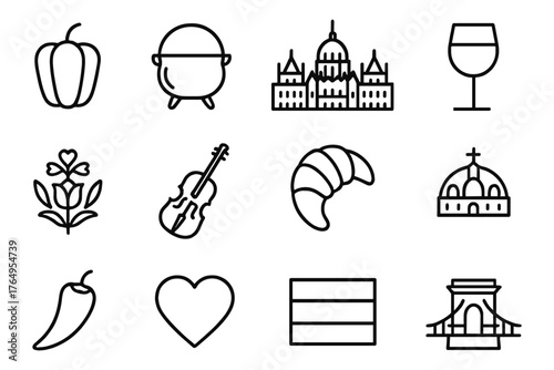 Black and white linear icons of hungary: food, landmarks, and culture