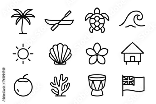 Tropical line art icons featuring island elements and nautical themes