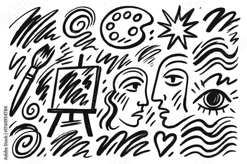 Expressionism Doodle Art. Wild brush strokes (expressionism). Hand-drawn doodle illustration wild brush strokes (expressionism) paintbrush, palette, canvas,