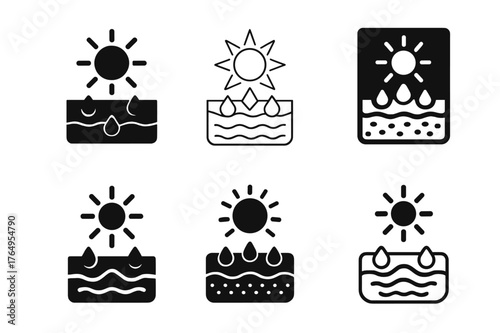 Sun and Skin Logos. How the Sun Affects Our Skin. Set Logo of Skin Layers: Filled silhouette, Abstract geometric, Negative space, Symmetrical form, Stylized