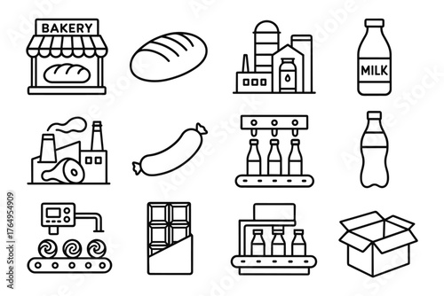 Linear icons of bakery and food production with industrial elements