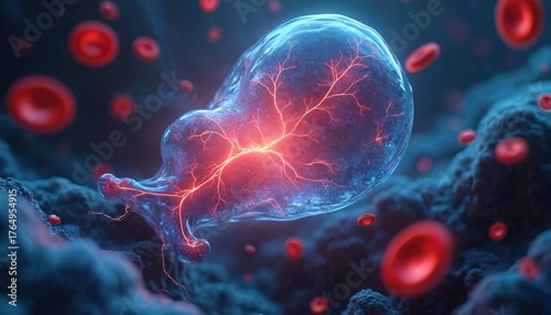 Microscopic view embryo cellular structure. Red blood cells, veins seen. Science, health, medicine research, study shown. Biological illustration body internal system anatomy at cellular level.