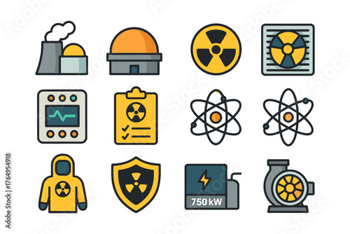 Nuclear energy icons set featuring reactor, radiation symbols, and safety gear in flat style