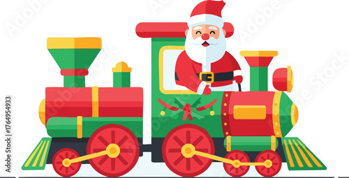 Joy Ride with Santa: A jolly Santa Claus is piloting a colorful festive train, bringing joy and anticipation. A visual narrative of holiday cheer and whimsical transport.