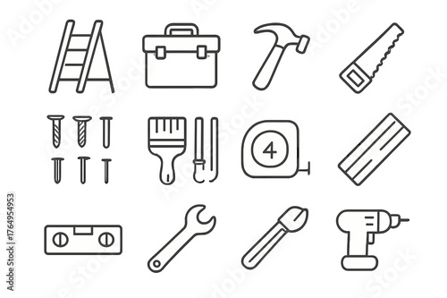 Home Improvement Icons. Home improvement. Line icon set of home improvement: ladder, toolbox, hammer, saw, screws, nails, paint brush, measuring tape, plank,