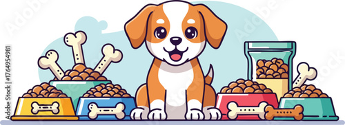 Puppy's Feast: A cheerful illustration of a cute puppy surrounded by an array of dog food, bones, and kibble. Showcasing the joy of a good meal.