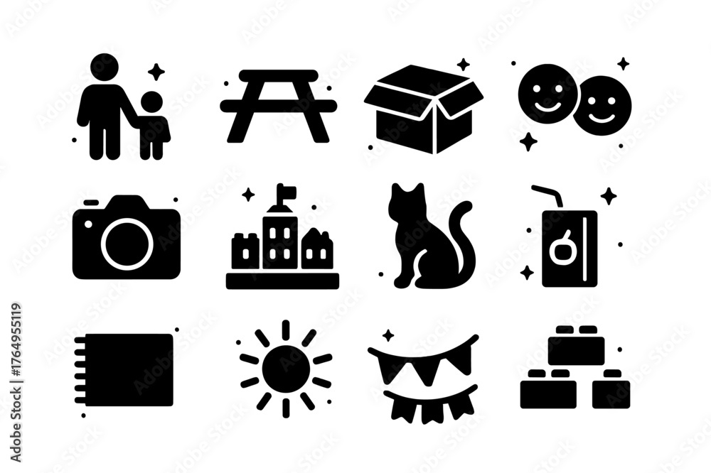 Fototapeta premium Family Fun. Family Day. Solid icons set of Family Day: parent and child, picnic table, open box, smiling faces, camera, completed city, cat pet,