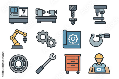 Industrial equipment icons set featuring machines and tools in flat style