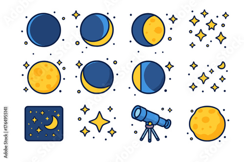 Lunar Phase Icons. Lunar observation. Colorful isometric vector icons set of lunar observation: new moon, waxing crescent, first quarter, waxing gibbous, full
