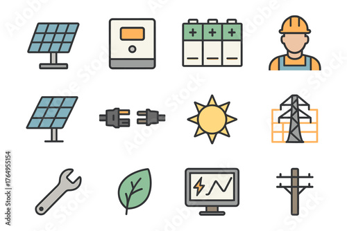Renewable energy icons set featuring solar panels, batteries, and tools in flat linear style