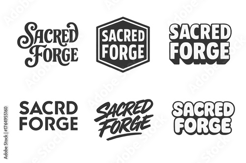 Sacred Forge Typography. Sacred Forge. Set lettering. harmonious lettering variations of the same emblematic concept (Whimsical curly type with flourishes,