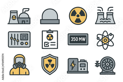 Nuclear power plant elements in colorful linear icons