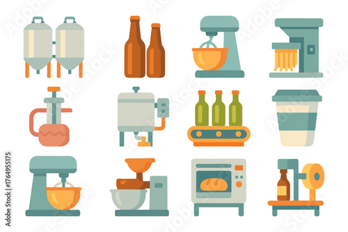 Industrial kitchen equipment icons in modern flat style for food production