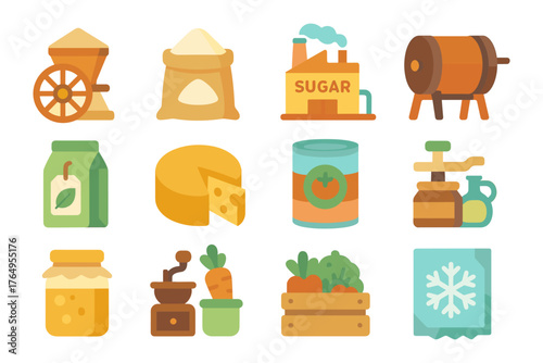 Colorful flat icons of food production and preservation methods