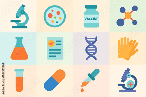 Flat style medical science icons: microscope, dna, lab equipment, vaccine, and more