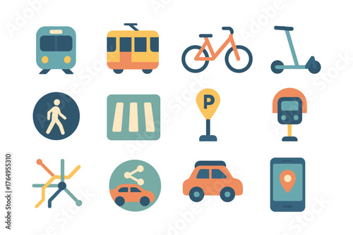 Urban transportation icons in flat style featuring vehicles, signage, and mobility tools