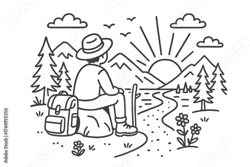 Solo Sunset Journey. Solo Traveler Sunset. Hand-drawn doodle illustration Solo Traveler Sunset person sitting on rock, sunset, mountains, clouds, river, trees,