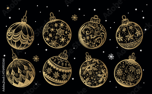 Christmas gold ball on black set. Hand drawn illustration.	
