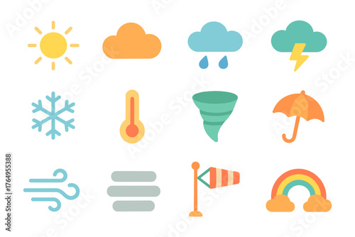 Weather icons set: flat design illustrations featuring sun, cloud, rain, snow, wind, and more