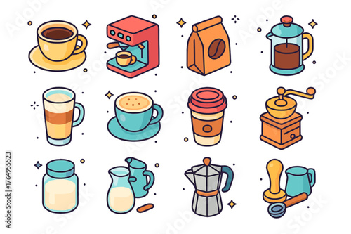 Coffee Shop Icons. Coffee shop. Colorful isometric vector icons set of coffee shop: coffee cup, espresso machine, beans bag, French press, latte, cappuccino,